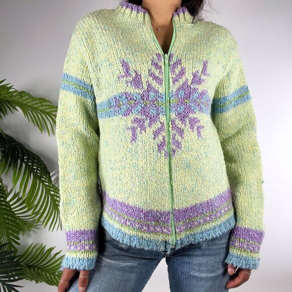Vintage 90s Womens Green Cottagecore Grandma Sweater Zip Up Cardigan / 2 - Picture 8 of 8